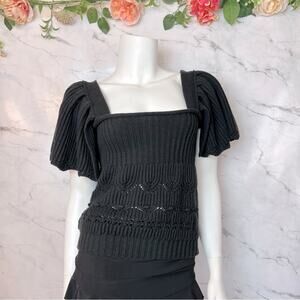 Entro Chunky Cable Knit Puff Ruffle Sleeve Square Neck Sweater Top Black Large